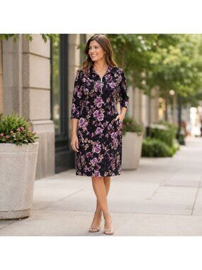 Stella + Ginger Women Floral 3/4 Sleeve Zip Neck Knee Length Dress Size M